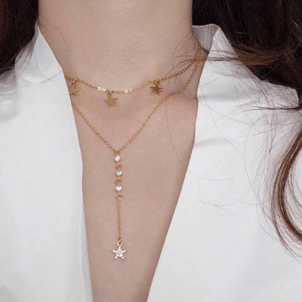 Crystal Star Drop Layered Necklace Gold
